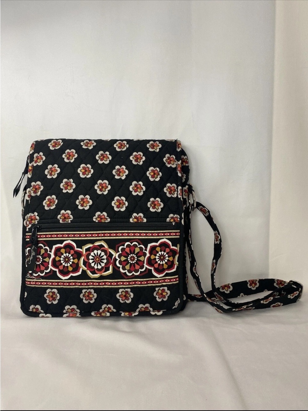 Vera Bradley Black Floral Quilted Crossbody with Burgundy & Cream Accents